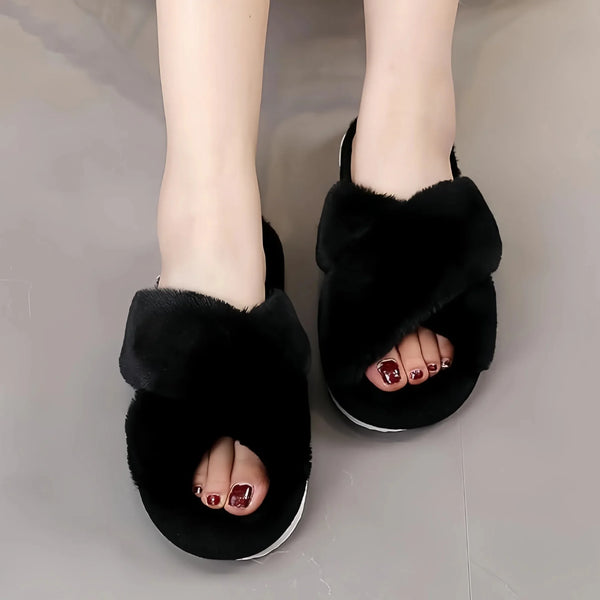 TRANSLINK Slippers for Women Memory Foam Cushion Cozy Fuzzy Open Toe House Shoes for Indoor Outdoor