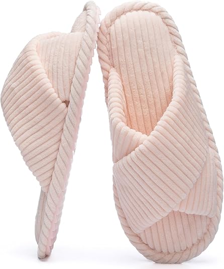 TRANSLINK Women Open Toe Fuzzy Slippers Cross Band Memory Foam Indoor Indoor and Outdoor House Shoes