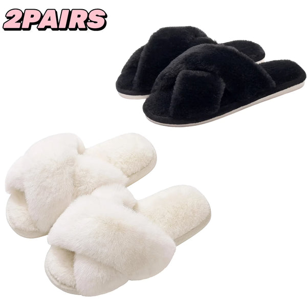 TRANSLINK 2Pairs Womens Slipper with Cross Band Memory Foam Fluffy Soft Warm Slip On House Slippers for Indoor Outdoor