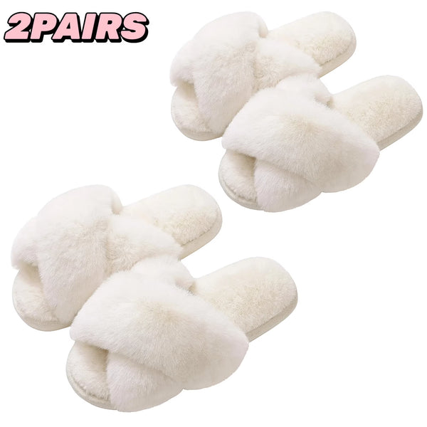 TRANSLINK 2Pairs Womens Slipper with Cross Band Memory Foam Fluffy Soft Warm Slip On House Slippers for Indoor Outdoor