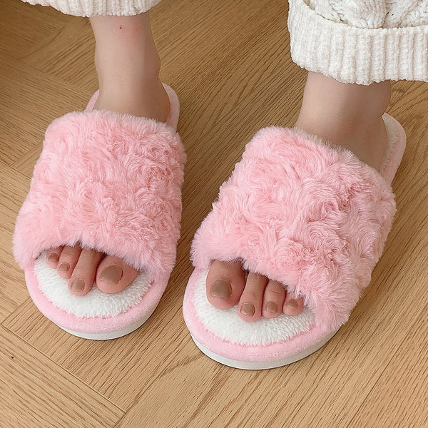 TRANSLINK Cozy Slippers for Women Soft Fuzzy Open Toe Slides with Memory Foam Comfort Indoor outdoor